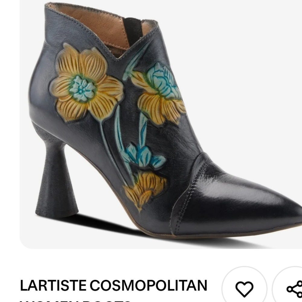 Black Leather Ankle Booties with Teal and Mustard Floral Detail - Picture 5 of 5